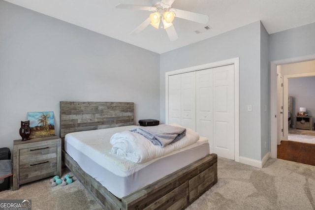 277 Cinder Hill Dr, Brunswick, GA 31523 - carpeted bedroom featuring ceiling fan, baseboards, visible vents, and a closet