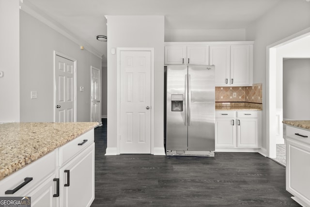 990 Lilac Arbor Rd, Dacula, GA 30019 - kitchen with stainless steel refrigerator with ice dispenser, white cabinetry, and dark wood-style floors