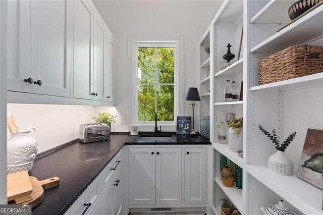 storage area featuring a toaster and a sink