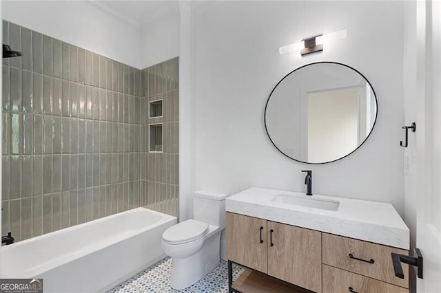 full bathroom with toilet, vanity, and shower / tub combination