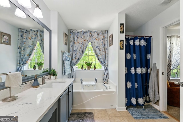 1010 Augusta Woods Dr, Douglasville, GA 30134 - full bath with a bath, tile patterned floors, visible vents, curtained shower, and vanity