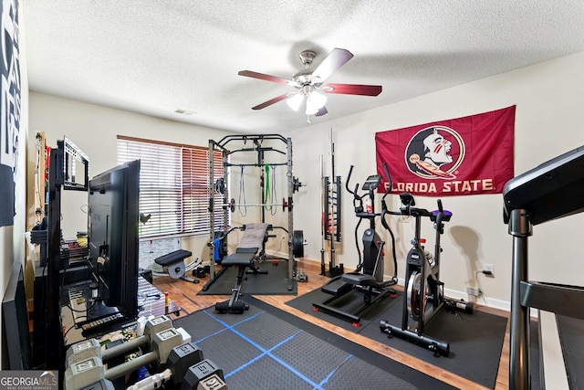 1010 Augusta Woods Dr, Douglasville, GA 30134 - exercise room with visible vents, a ceiling fan, baseboards, and a textured ceiling