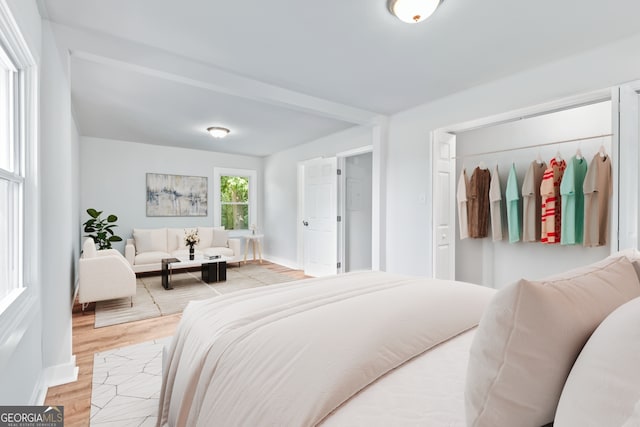 bedroom with light wood finished floors, baseboards, and a closet