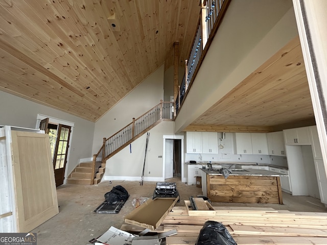 198 Stirratt Rd, Ranger, GA 30734 - kitchen with wood ceiling, white cabinets, a center island, open floor plan, and vaulted ceiling