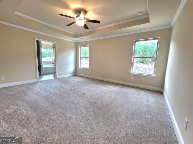 carpeted spare room with ornamental molding, baseboards, a tray ceiling, and ceiling fan