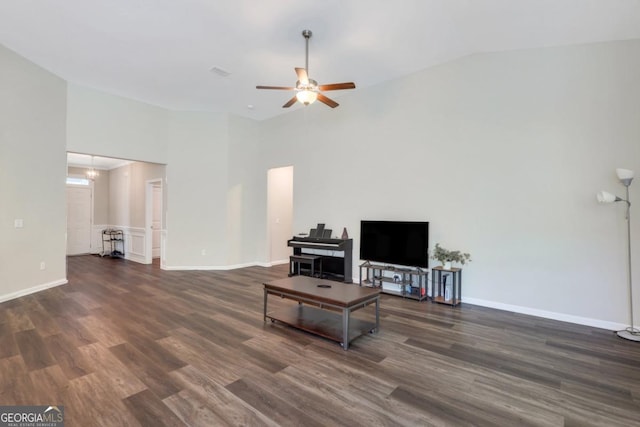 128 Clearwater Dr, Brunswick, GA 31523 - living area with baseboards, wood finished floors, high vaulted ceiling, and ceiling fan