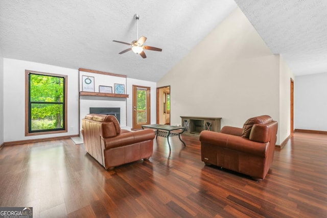 living room with a fireplace, wood finished floors, and a textured ceiling