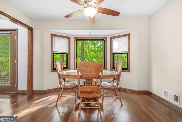 dining room featuring baseboards, a healthy amount of sunlight, wood finished floors, and visible vents