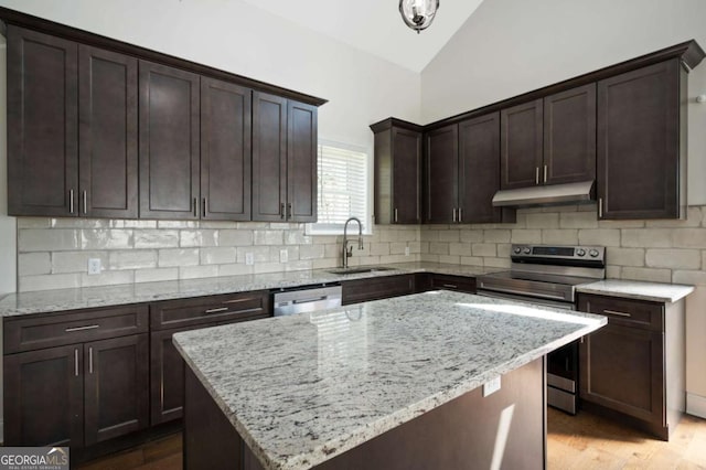 kitchen with lofted ceiling, under cabinet range hood, a sink, dark brown cabinetry, and appliances with stainless steel finishes