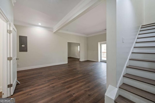 interior space featuring crown molding, stairs, electric panel, dark wood finished floors, and baseboards