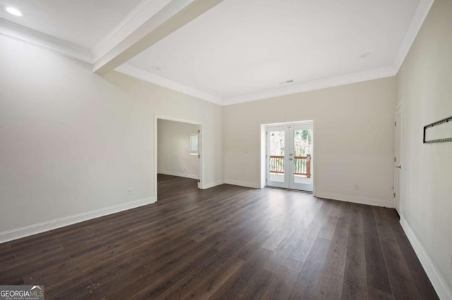 empty room with french doors, dark wood-style flooring, baseboards, recessed lighting, and ornamental molding
