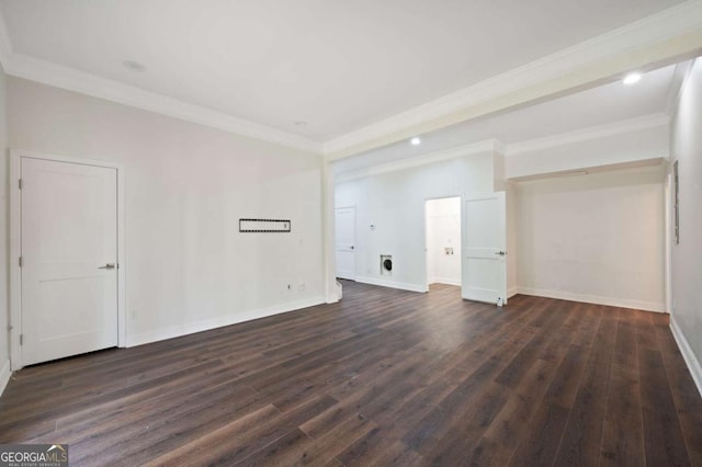 unfurnished room with baseboards, crown molding, dark wood-type flooring, and recessed lighting