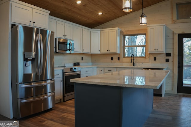 12 Mountain Creek Rd, Blue Ridge, GA 30513 - kitchen featuring appliances with stainless steel finishes, a center island, dark wood finished floors, wooden ceiling, and lofted ceiling