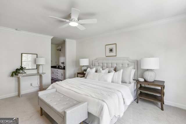bedroom with a ceiling fan, crown molding, baseboards, and light carpet