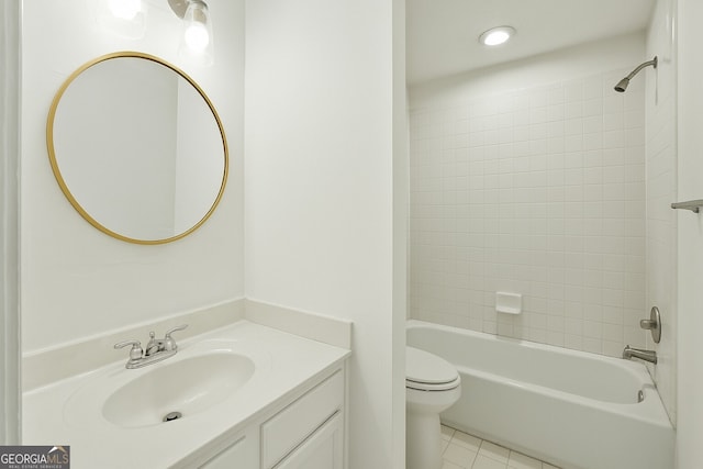 full bathroom featuring shower / washtub combination, tile patterned floors, vanity, and toilet