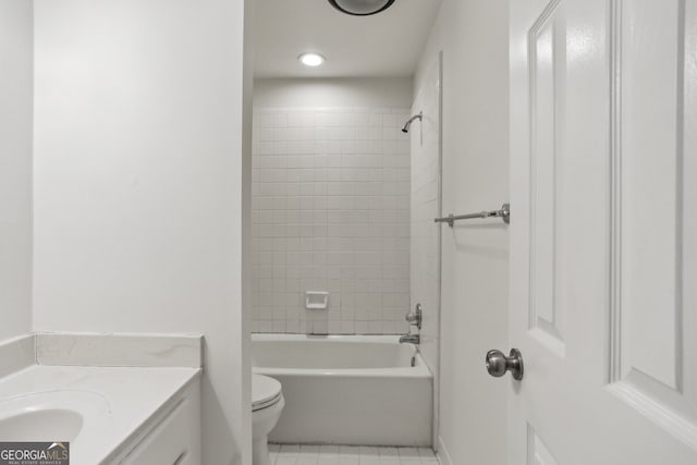 bathroom with vanity, shower / tub combination, toilet, tile patterned flooring, and recessed lighting