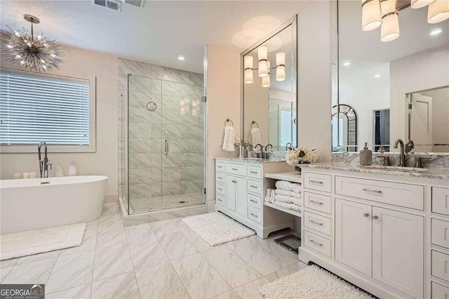 1059 Antioch Dr, Brookhaven, GA 30319 - full bathroom with marble finish floor, a stall shower, a healthy amount of sunlight, and a soaking tub
