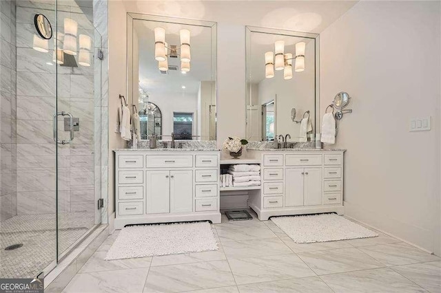1059 Antioch Dr, Brookhaven, GA 30319 - bathroom with vanity, a shower stall, and marble finish floor