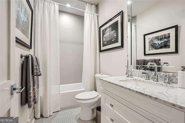 1059 Antioch Dr, Brookhaven, GA 30319 - bathroom featuring vanity, shower / bathtub combination with curtain, toilet, and tile patterned flooring