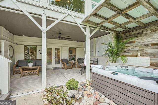 1059 Antioch Dr, Brookhaven, GA 30319 - view of patio with ceiling fan, a hot tub, a wooden deck, and french doors