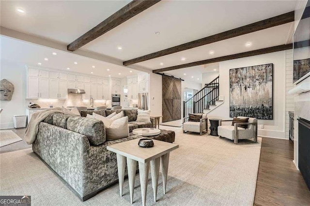 1059 Antioch Dr, Brookhaven, GA 30319 - living area with stairway, beamed ceiling, and recessed lighting