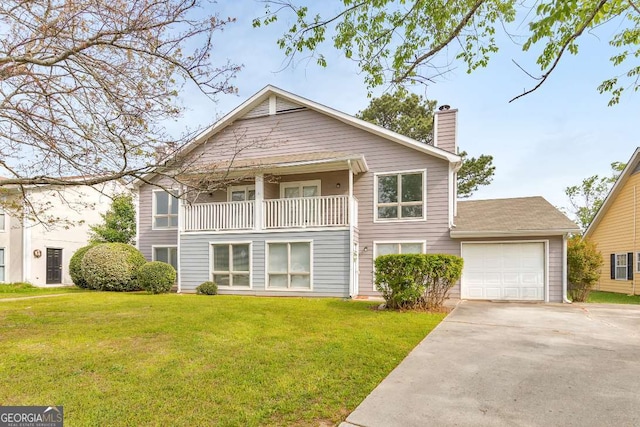 view of front of home with a front lawn, a chimney, concrete driveway, a garage, and a balcony