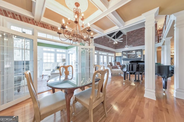 988 Hunters Rdg, Jasper, GA 30143 - dining space with coffered ceiling, ceiling fan with notable chandelier, and a wealth of natural light