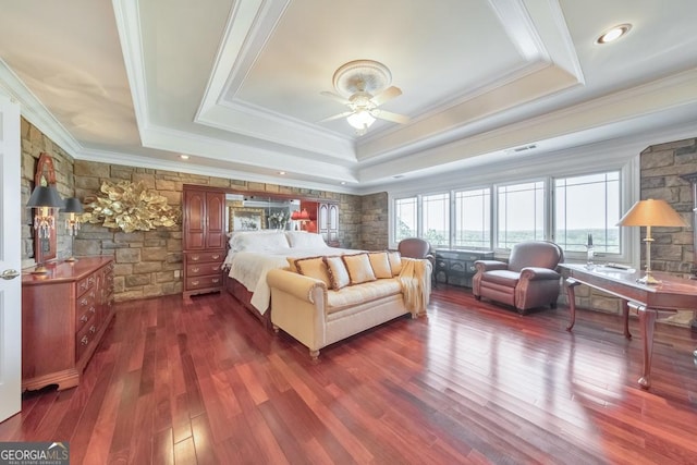 988 Hunters Rdg, Jasper, GA 30143 - bedroom featuring a tray ceiling, visible vents, ornamental molding, and dark wood-type flooring