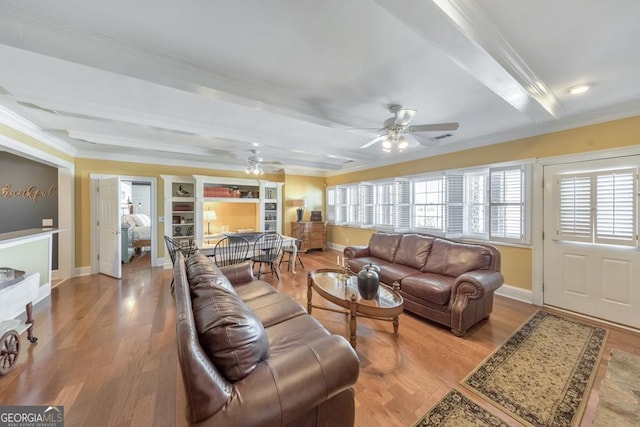 988 Hunters Rdg, Jasper, GA 30143 - living room with crown molding, a ceiling fan, baseboards, and wood finished floors