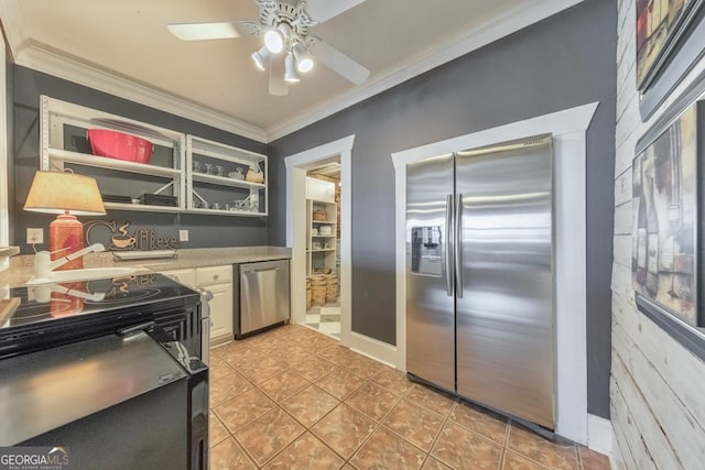 988 Hunters Rdg, Jasper, GA 30143 - kitchen featuring open shelves, stainless steel appliances, a ceiling fan, light tile patterned floors, and ornamental molding
