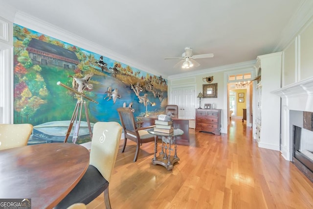 988 Hunters Rdg, Jasper, GA 30143 - interior space with crown molding, a ceiling fan, light wood finished floors, and a high end fireplace
