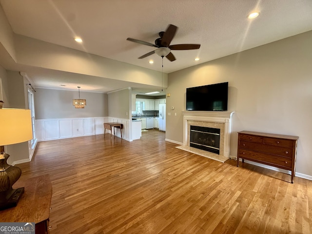 1087 Forsyth Landing Dr, Forsyth, GA 31029 - unfurnished living room featuring a ceiling fan, light wood finished floors, a premium fireplace, recessed lighting, and a wainscoted wall