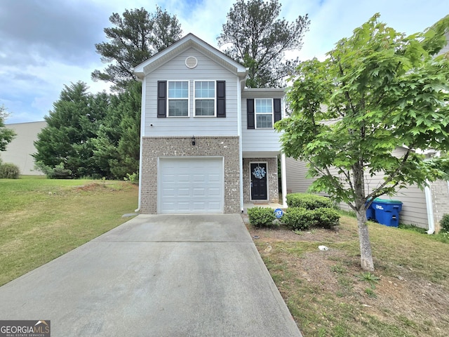 view of front of house with brick siding, concrete driveway, a front yard, and an attached garage