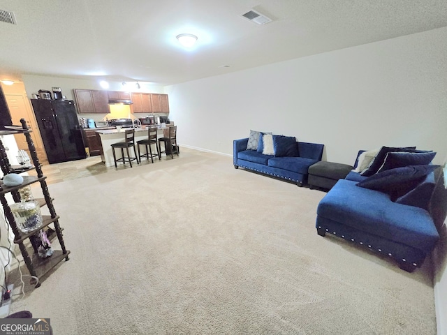 living area with light colored carpet and baseboards
