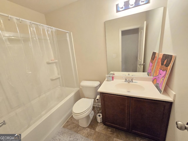 bathroom featuring toilet, vanity, and shower / bath combination with curtain