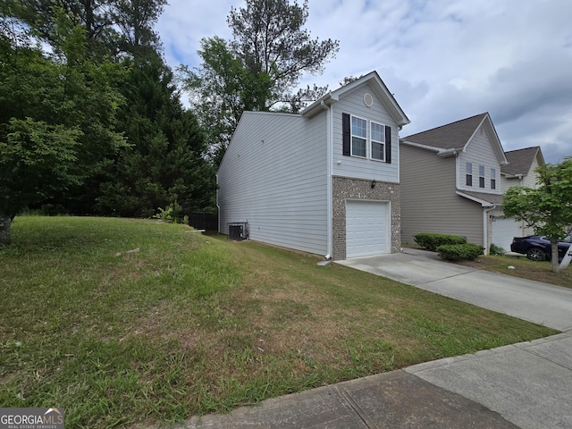 view of side of home featuring concrete driveway, a garage, central AC unit, a lawn, and brick siding