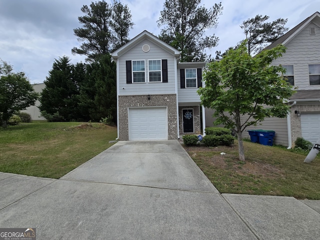 view of front of home featuring brick siding, concrete driveway, a front yard, and an attached garage