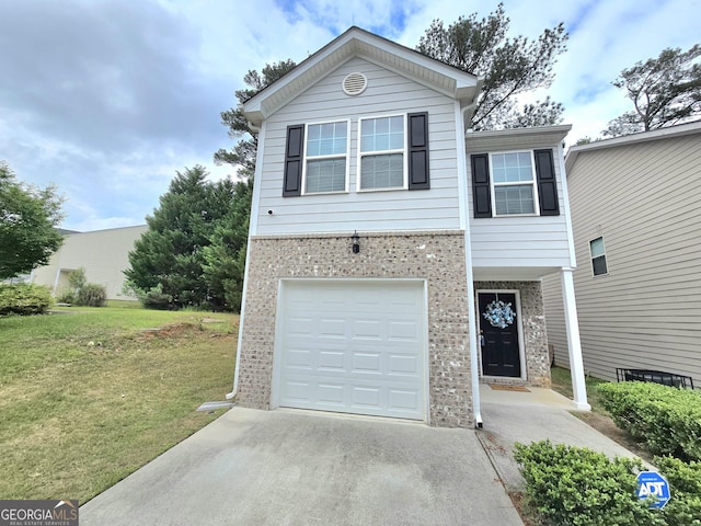 view of front of home with brick siding, concrete driveway, a front lawn, and an attached garage