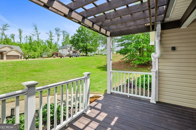 wooden deck featuring a pergola, a yard, and a porch