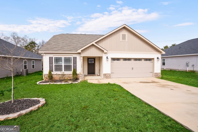 ranch-style house with concrete driveway, a front lawn, brick siding, and a garage