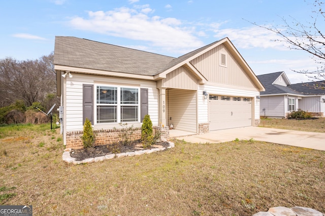 single story home featuring a garage, concrete driveway, a shingled roof, a front yard, and brick siding