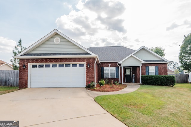 single story home with fence, an attached garage, a front lawn, brick siding, and driveway