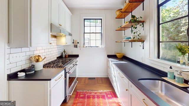 kitchen featuring open shelves, a sink, dark countertops, under cabinet range hood, and high end stainless steel range