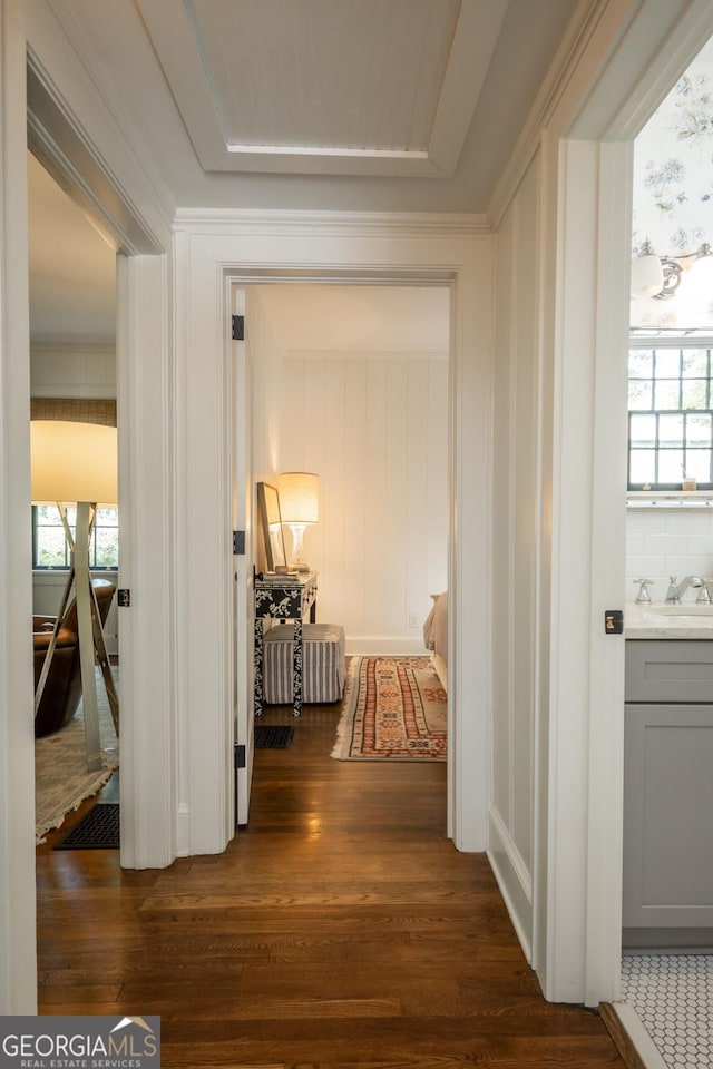 corridor featuring dark wood-type flooring and a wealth of natural light