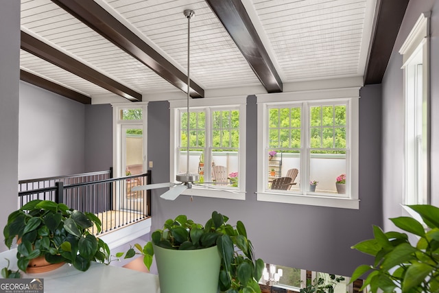 sunroom featuring beam ceiling