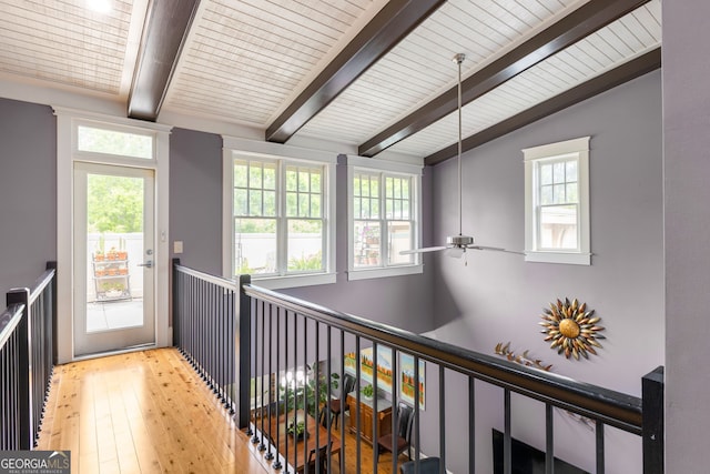 hall featuring lofted ceiling with beams and wood-type flooring