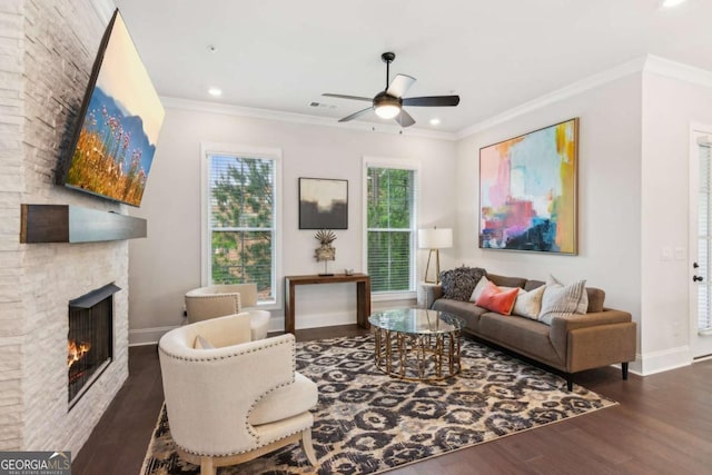 427 Burton Dr Unit 427, Alpharetta, GA 30009 - living room featuring wood finished floors, a large fireplace, a ceiling fan, recessed lighting, and crown molding