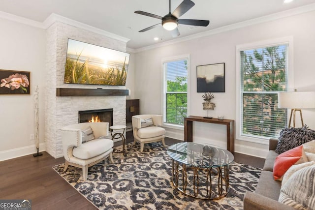 427 Burton Dr Unit 427, Alpharetta, GA 30009 - living area featuring wood finished floors, crown molding, a ceiling fan, a fireplace, and recessed lighting
