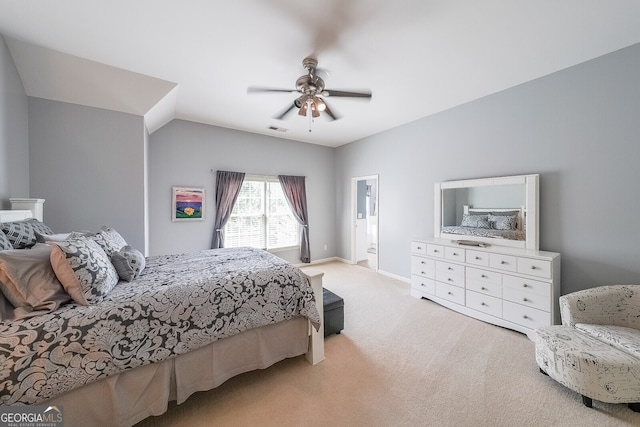bedroom with light colored carpet, baseboards, a ceiling fan, and visible vents