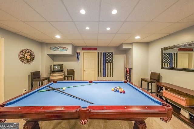 playroom featuring carpet, billiards, a drop ceiling, and recessed lighting